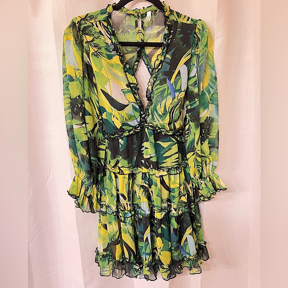 Whimsical forest fairy long sleeve Mini short sheer green yellow mosscore dress - Picture 4 of 6